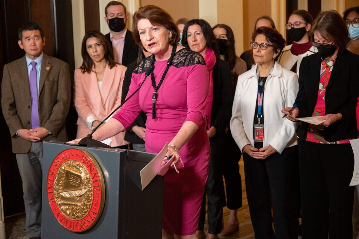 Senate President Pro Tem Toni G. Atkins, D-San Diego, speaks at the state Capitol in Sacramento on Tuesday, with Senator Nancy Skinner, D-Berkeley, Assemblywoman Cristina Garcia, D-Bell Gardens, Planned Parenthood Affiliates of California President and CEO Jodi Hicks, and others to discuss the potential U.S. Supreme Court overturn of Roe v. Wade and the proposed amendment to protect abortion access in the California constitution.