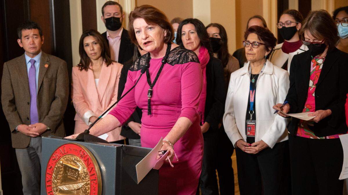 Senate President Pro Tem Toni G. Atkins, D-San Diego, speaks at the state Capitol in Sacramento on Tuesday, May 3, 2022, with Senator Nancy Skinner, D-Berkeley, Assemblywoman Cristina Garcia, D-Bell Gardens, Planned Parenthood Affiliates of California President and CEO Jodi Hicks, and others to discuss the potential U.S. Supreme Court overturn of Roe v. Wade and the proposed amendment to protect abortion access in the California constitution.