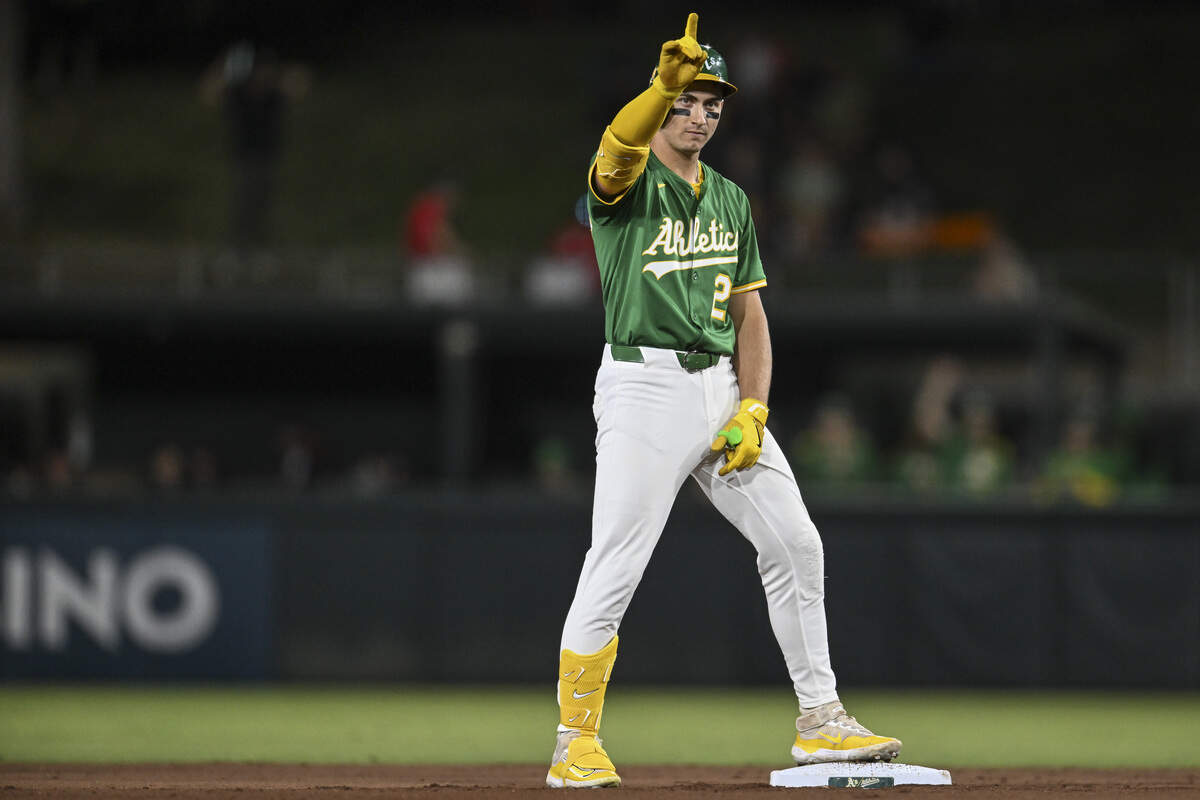 Athletics outfielder Tyler Soderstrom (21) reacts during a game against the Detroit Tigers at Sutter Health Park in Sacramento on Aug. 25, 2025. Soderstrom was placed on the 10-day injured list Monday with left hip soreness.