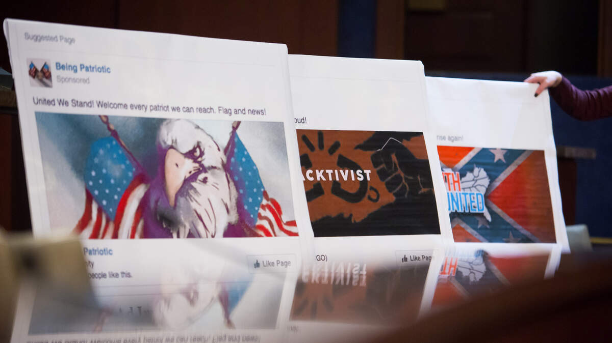 Posters of Facebook posts by Russians attempting to influence the 2016 presidential election are shown during a hearing on Capitol Hill in Washington, Nov. 1, 2017. New reports about the Russian campaigns on various social media platforms, by teams at the cybersecurity company New Knowledge and Oxford University, fill out a portrait of the impressive operations by the Internet Research Agency in St. Petersburg.