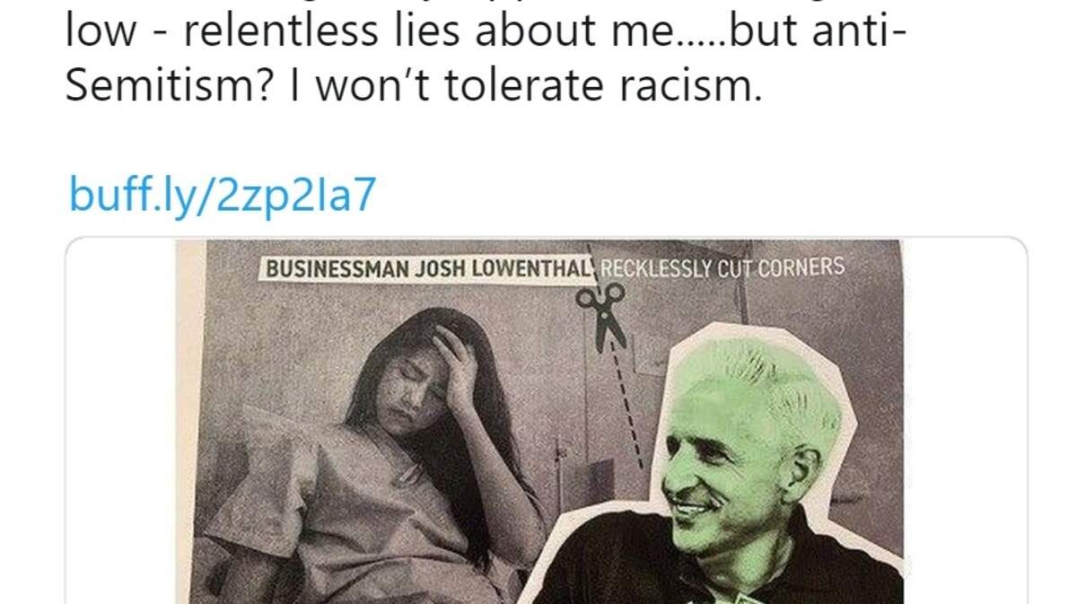 A tweet from Josh Lowenthal’s Twitter account shows a mailer released by the Tyler Diep campaign that several rabbis have called anti-Semitic.