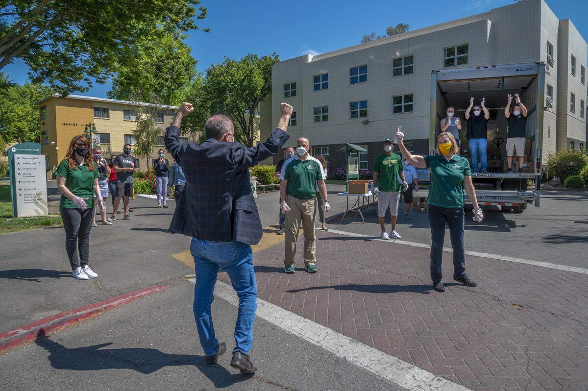 Steinberg arrives full of energy to help pass out meals to Sacramento State students on campus on April 30. “I miss being with people and that’s part of a mayor’s job description. So that’s a little bit different and it’s not the same having a community meeting on Zoom,” he said.