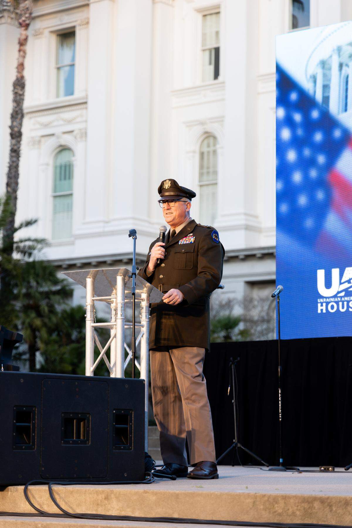 Maj. Gen. Matthew Beevers, who leads California’s National Guard, speaks Saturday, Feb. 24, 2024, at the state Capitol in Sacramento during an event marking the two-year anniversary of Russia’s invasion of Ukraine. Beevers called on Congress to pass military aid for Ukraine. “Free People everywhere know exactly what’s at stake,” Beevers said.