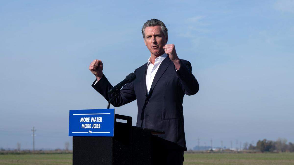 Gov. Gavin Newsom speaks about the state’s major water projects during a visit to Davis Ranches in Colusa County on Tuesday, Dec. 10, 2024. The ranch is not far from the proposed Sites Reservoir.