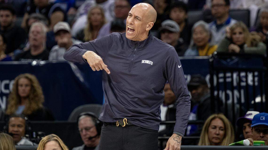Sacramento Kings head coach Doug Christie yells out at his team in the second half against the Golden State Warriors on Friday at Golden 1 Center.