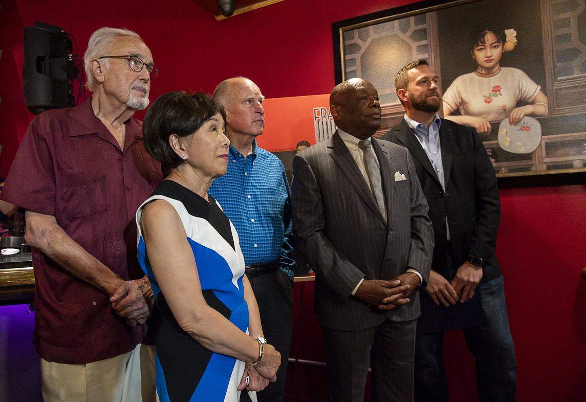 Former congressman John Burton, Congresswoman Doris Matsui, former Gov. Jerry Brown, former Speaker of the California State Assembly Willie Brown and council member Steve Hansen listen to Jerry Fat, President/CEO as they help celebrate Frank Fat’s 80th year in business at Fat Franks on Wednesday, August 14, 2019 in Sacramento.