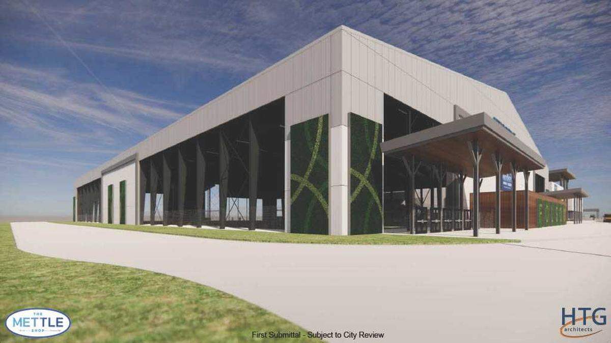 An artist’s rendering shows the proposed Folsom Ranch Sports Complex, a 410,000-square-foot multi-use facility featuring an arena, ice rinks, outdoor turf field, and community event space. The development is planned for a 21-acre site south of Highway 50 in Folsom and will go before city officials in the coming months.