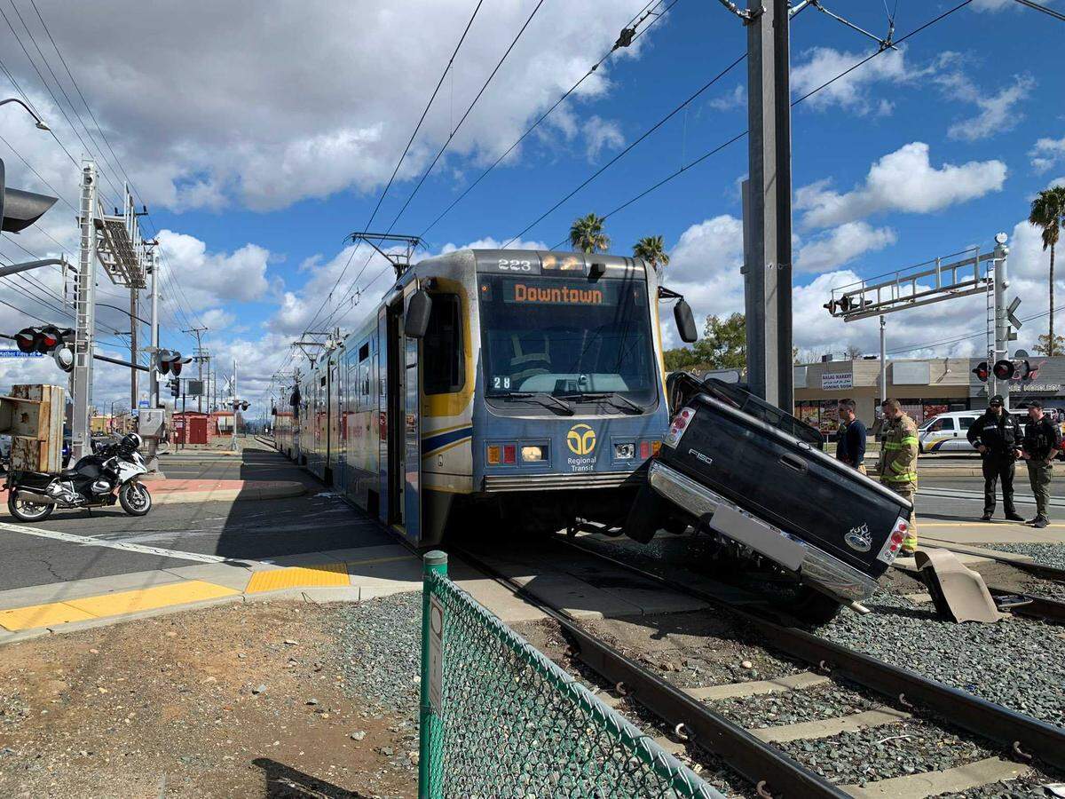 A&nbsp;Sacramento Regional Transit District&nbsp;light rail train crashed with a black Ford F-150 pickup Wednesday afternoon March 8, 2023, at Folsom Boulevard and Mather Field Road in Rancho Cordova, California.