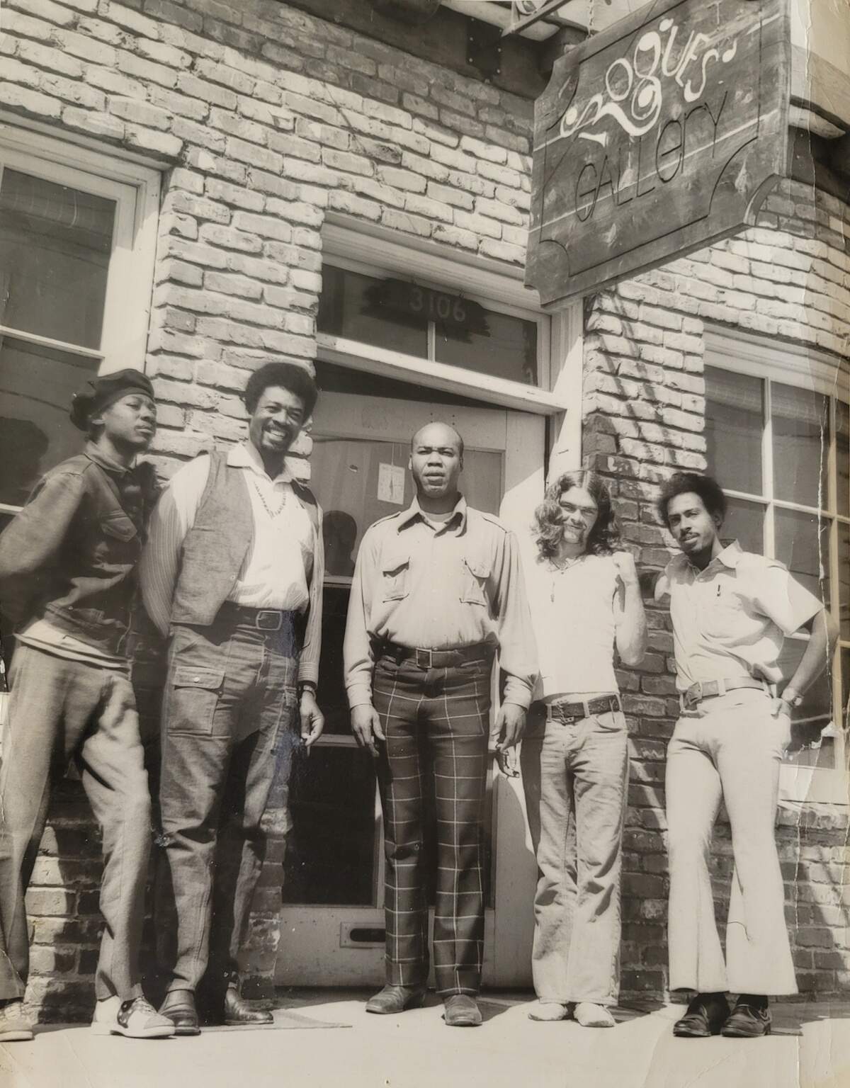 Willie Land, center, in front of Rogues’ Gallery in Berkeley, Calif.