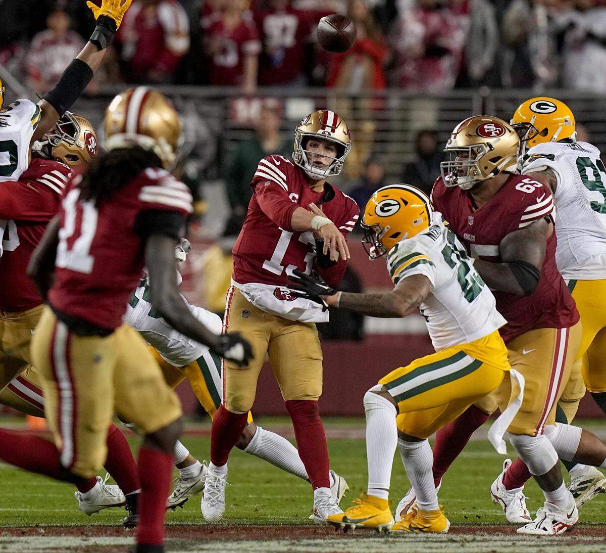 San Francisco 49ers quarterback Brock Purdy throws a pass during the third quarter of their NFC divisional playoff game Saturday at Levi’s Stadium.