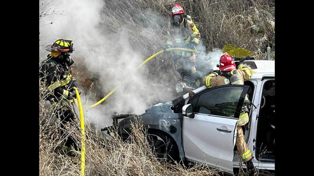 A motorist’s Christmas got off to a rough start after her vehicle caught on fire in a ravine, leading one of her three dogs to run away. The dog was found safe, authorities said Tuesday morning,