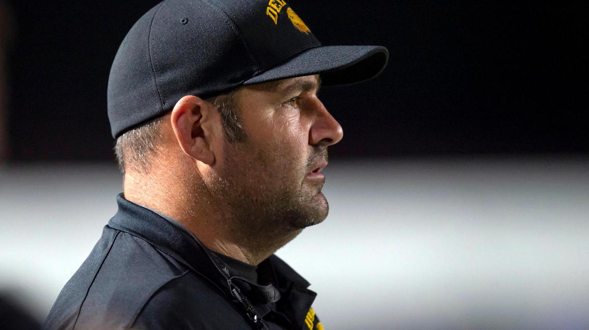 Del Oro’s Head Coach Mike Maben watches from the sideline during the last seconds in the game at Rocklin High School on Sept. 24, 2021.