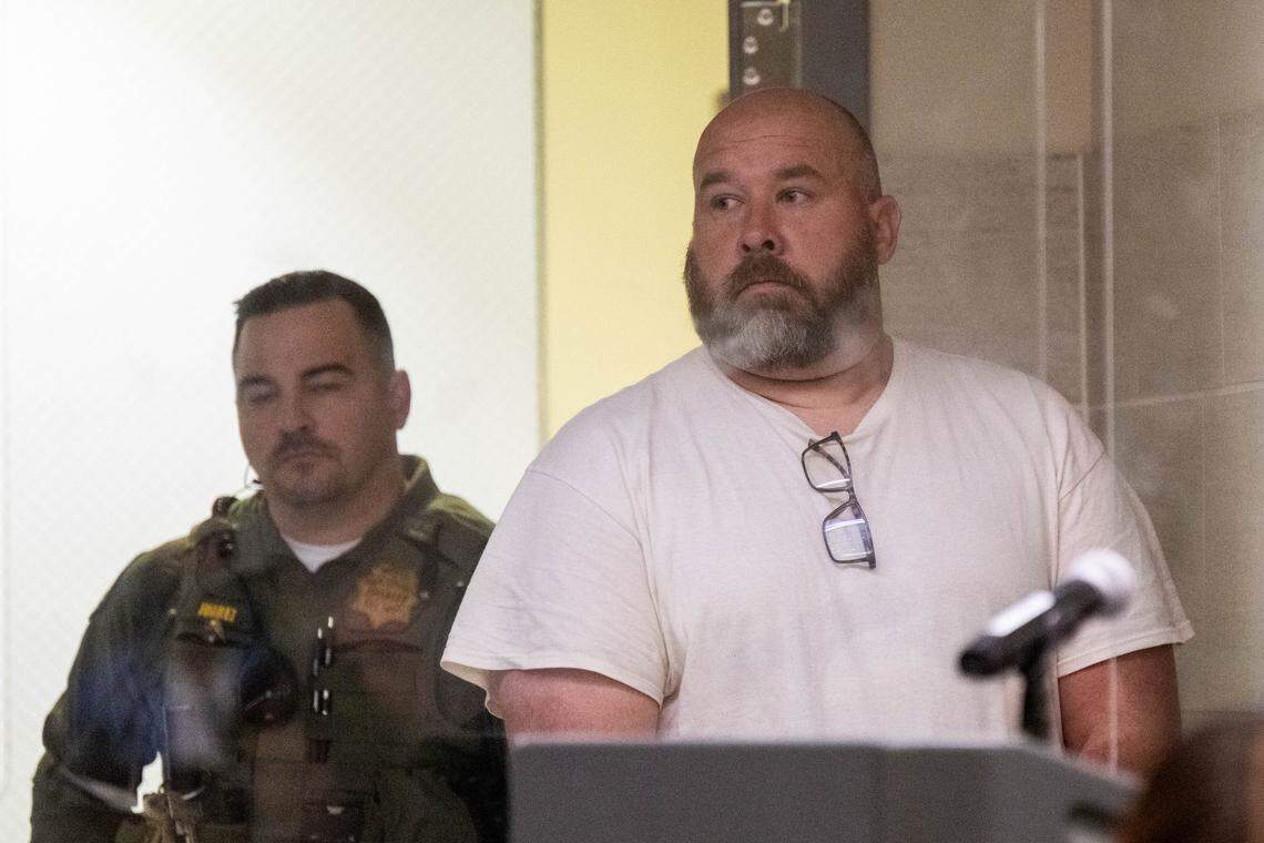 Former Yolo sheriff's deputy Sam Machado appears in Yolo Superior Court in Woodland on Monday, April 13, 2026. His arraignment on seven counts of murder and other charges related to the Esparto fireworks explosion was delayed until Thursday.