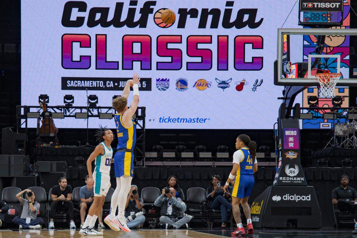 The Golden State Warriors’ Brandin Podziemski (2), the team’s first-round pick in the 2023 NBA Draft, shoots the ball during the California Classic on Wednesday, July 5, 2023, at Golden 1 Center. The two-day summer league tournament features teams composed of NBA rookies, second-year players and athletes competing to make NBA and G League regular season rosters.