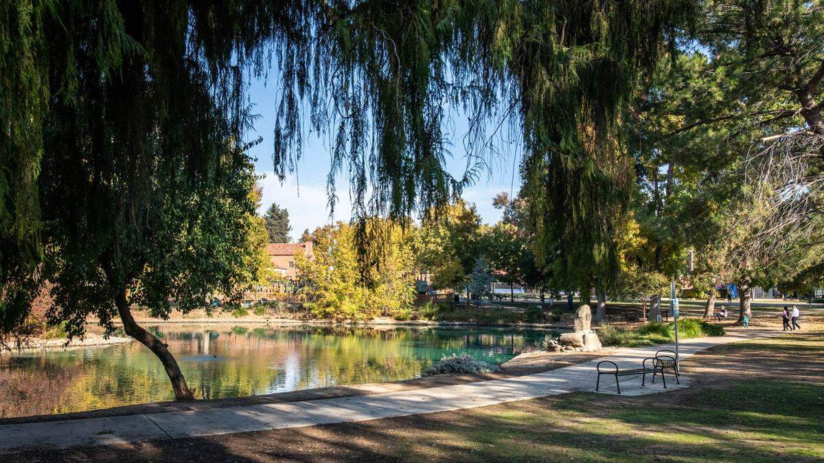 Visitors walk around McKinley Park on November 12, 2023. McKinley Park features Clunie Community Center, a rose garden, seasonal pool, duck pond, playgrounds, picnic areas, tennis courts & trails.