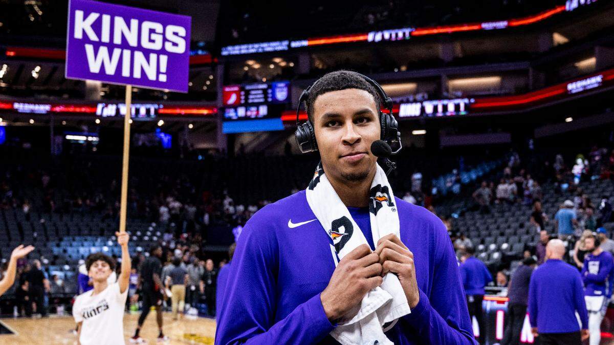 Sacramento Kings forward Keegan Murray (13) waits to be interviewed after he led his team with 16 points against the Portland Trail Blazers earlier this month during an exhibition NBA basketball game at Golden 1 Center in Sacramento.