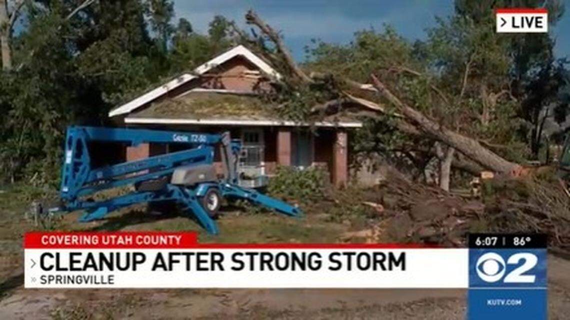A storm toppled eight trees onto the home of a Springville, Utah, family still recovering from losing their previous home to a wildfire.