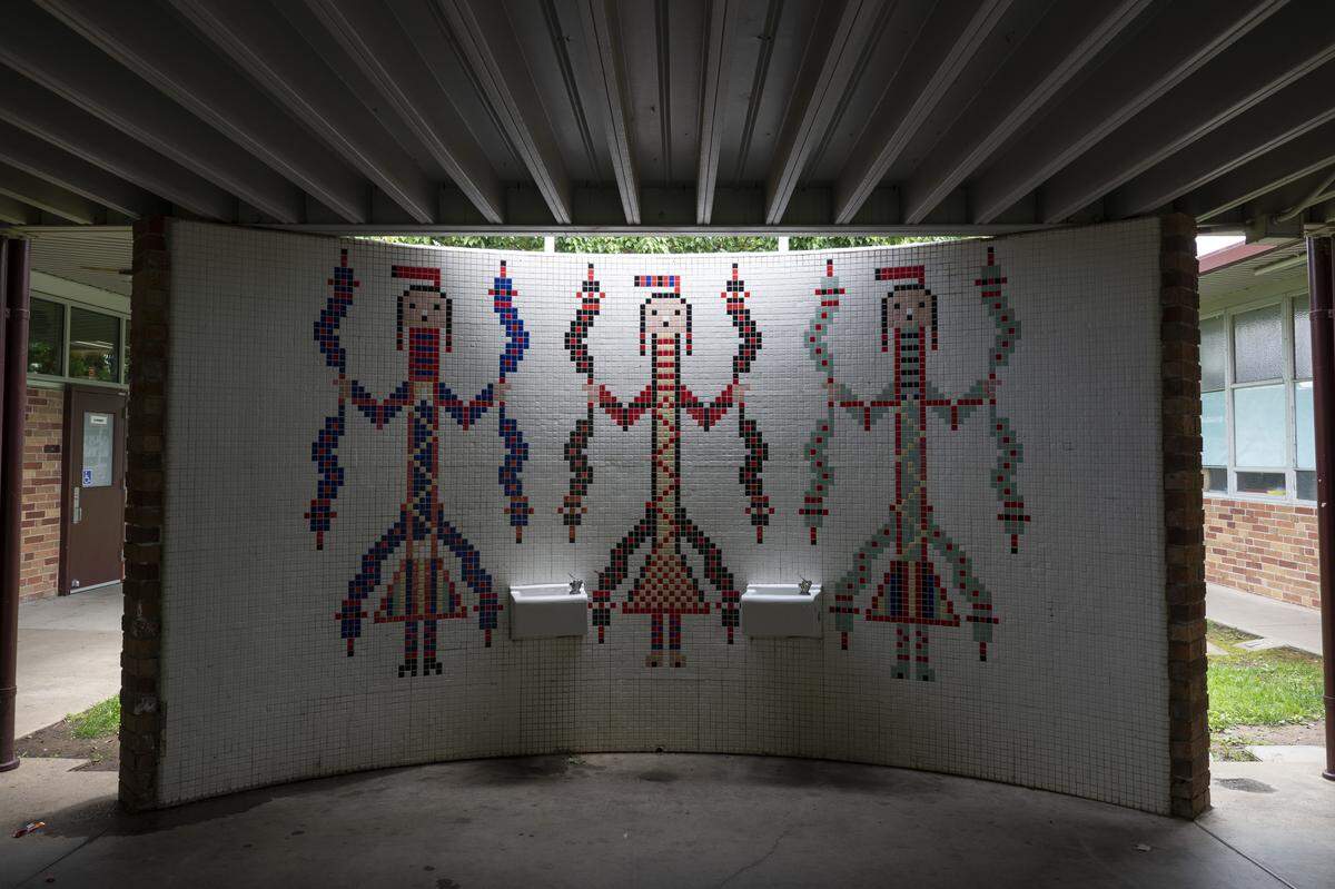 Native American-themed tile murals, which possibly date to the school’s founding, decorate water fountains at Hiram Johnson High School in Sacramento.