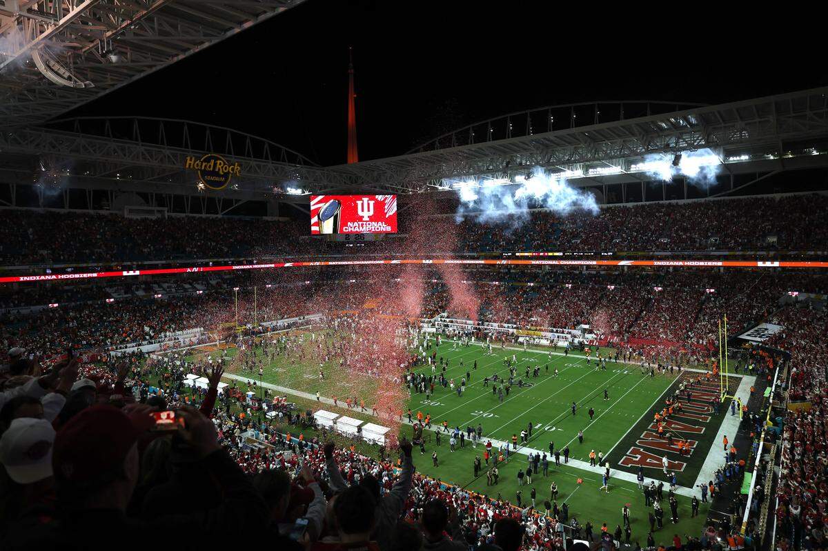MIAMI GARDENS, FLORIDA - JANUARY 19: The Indiana Hoosiers celebrate after after defeating the Miami Hurricanes 27-21 in the 2026 College Football Playoff National Championship at Hard Rock Stadium on January 19, 2026 in Miami Gardens, Florida. (Photo by Ishika Samant/Getty Images)
