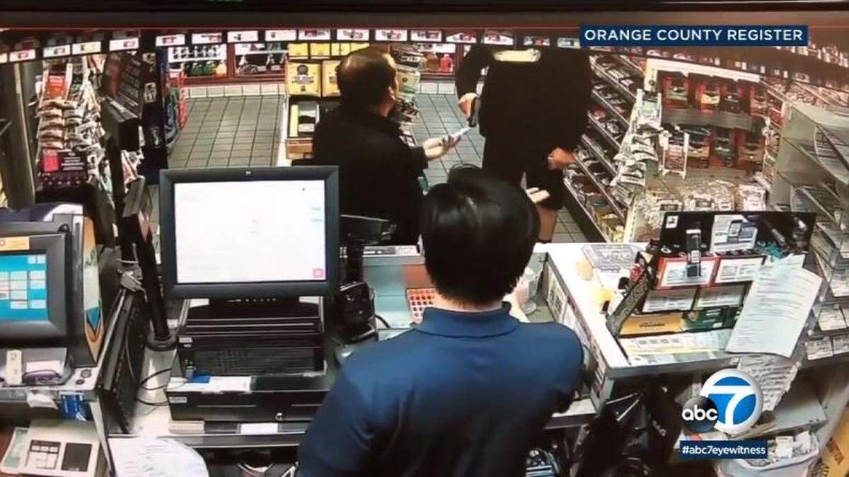 A store surveillance video obtained by The Orange County Register shows an off-duty Buena Park, Calif., police officer drawing his gun on Jose Arreola, 49, after mistakenly accusing him of stealing a $1.19 roll of Mentos that he'd just purchased.