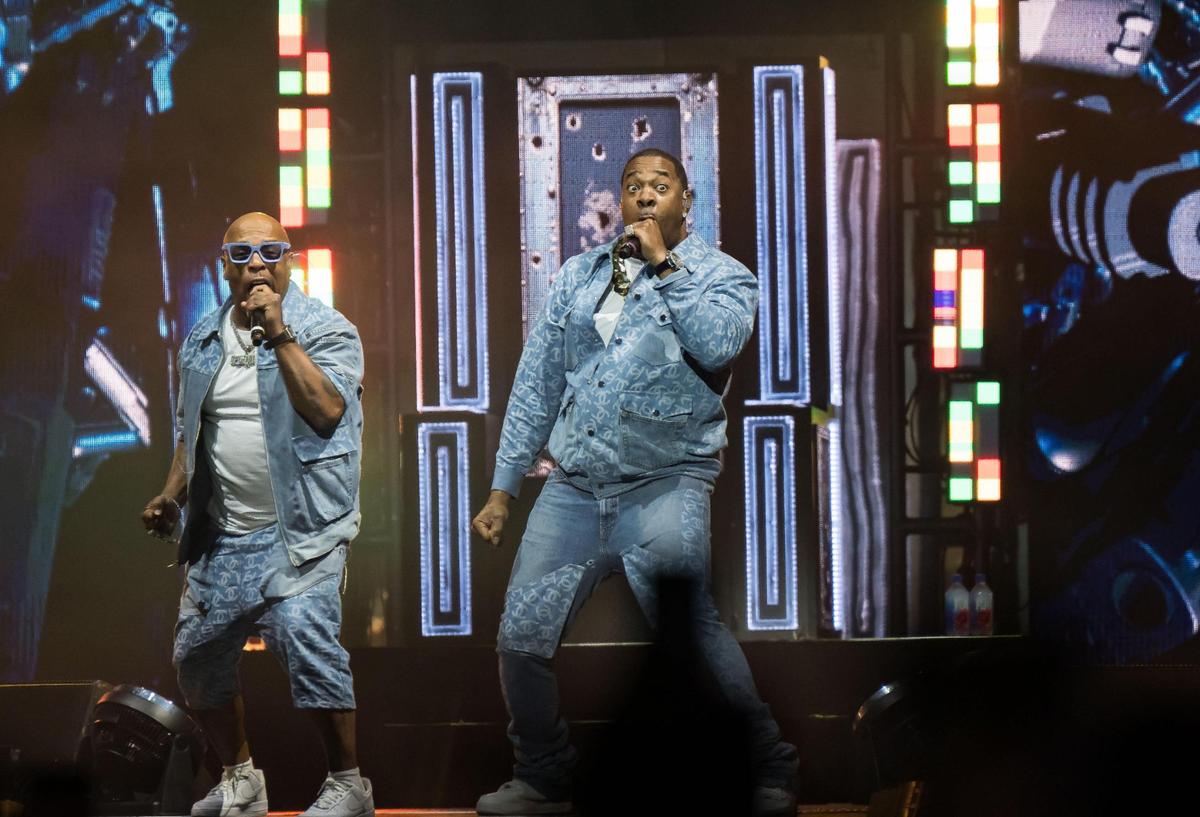 Busta Rhymes, right, accompanied by Spliff Star, performs “Ante Up” before headliner Curtis “50 Cent” Jackson on The Final Lap Tour, also featuring Jeremih, at Golden 1 Center on Monday, Sept. 4, 2023, in Sacramento. Hype man Spliff Star