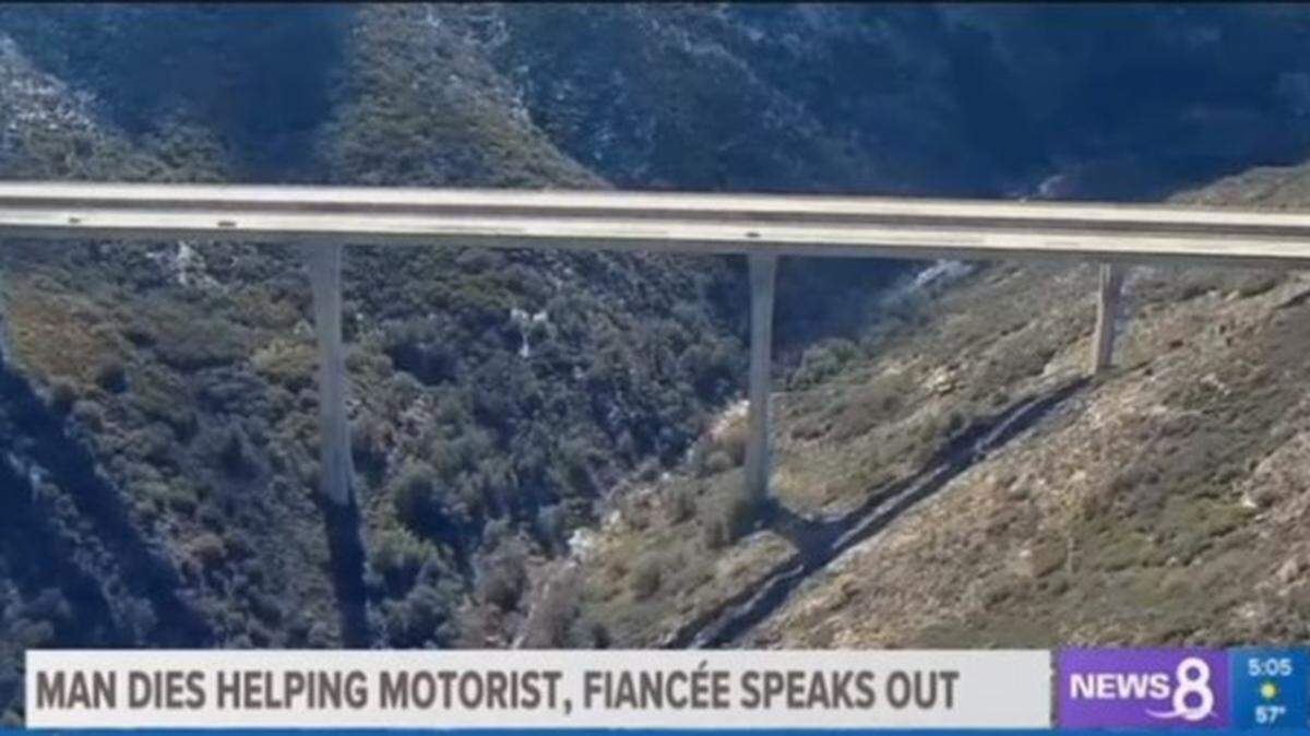 A 48-year-old man fell in a plunge from Pine Creek Valley Bridge, shown in a KFMB video screengrab, on Wednesday when he hopped a railing to try to avoid an oncoming pile-up. Robert Bruno had stopped to lend a hand at an earlier crash.