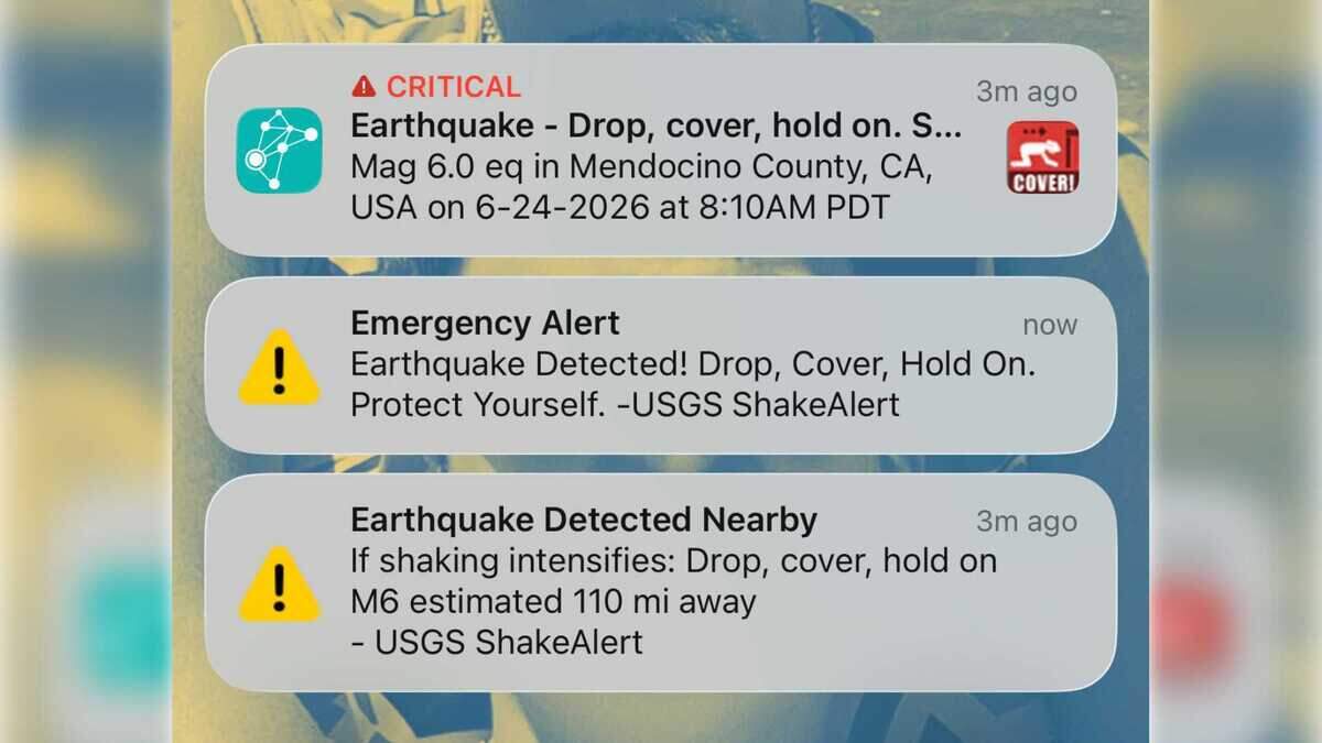 Several alerts buzzed cellphones around the Sacramento region on Wednesday, June 24, 2026, notifying residents of the potential for shaking from an earthquake in Mendocino County.