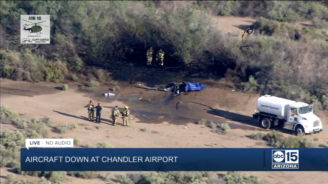 A midair collision sent a helicopter soaring to the ground in Chandler, Arizona, on Oct. 1, 2021. The two occupants were killed in the fiery crash.