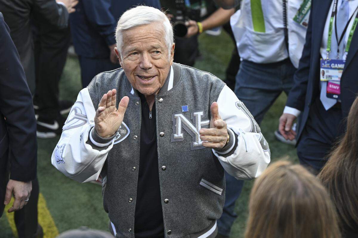 Patriots owner Robert Kraft waves to the crowd before the start of Super Bowl LX at Levi’s Stadium in Santa Clara on Sunday, Feb. 8, 2026.