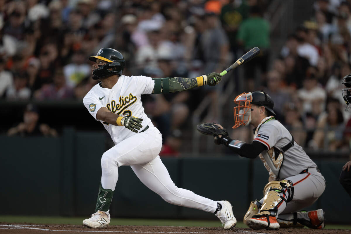 Athletics hitter Darell Hernaiz (2) singles in the second inning off San Francisco Giants pitcher Tyler Mahle (54) at Sutter Health Park on May 15. Hernaiz was recalled to the A’s on Monday.