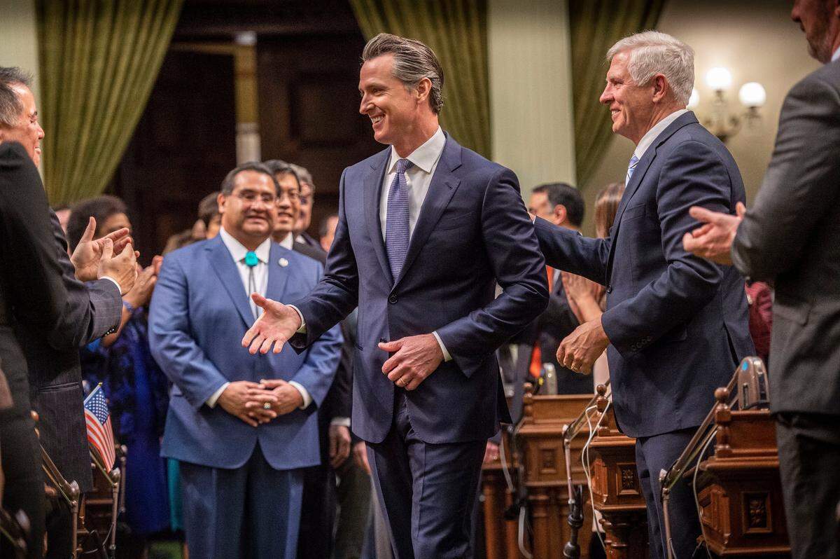 Gov. Gavin Newsom enters the Assembly Chambers in 2019 for his first State of the State address at the state Capitol.