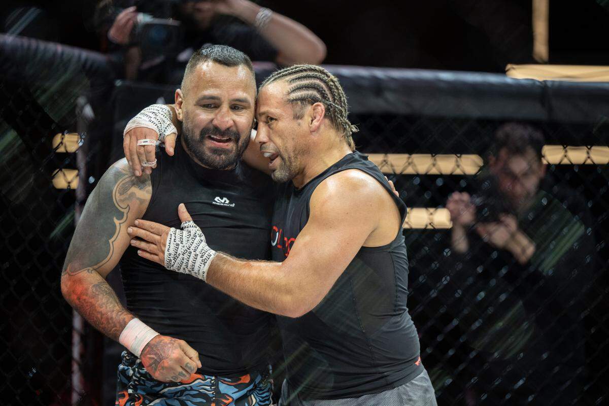 Urijah Faber and Francisco Rivera Jr. embrace after Faber defeated Rivera in the main event of the lightweight Combat Jiu-Jitsu competition at the Hard Rock Hotel & Casino Sacramento at Fire Mountain near Wheatland on Friday, Jan. 30, 2026.