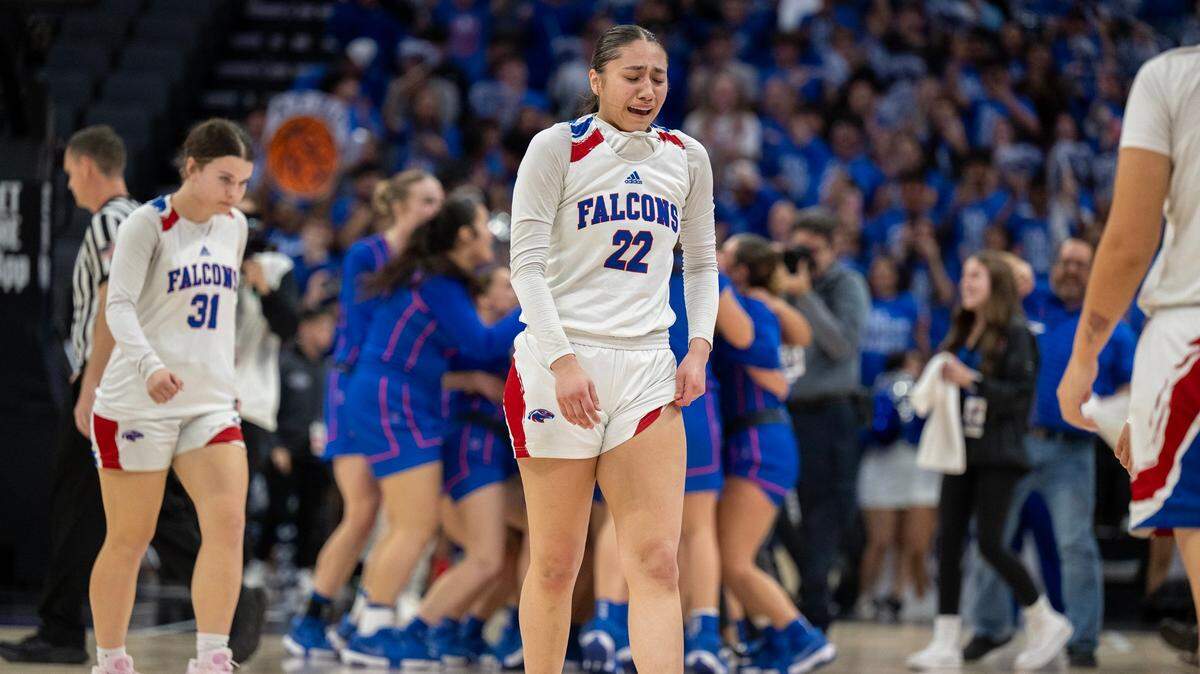 The Christian Brothers Falcons’ Leila Serrano (22) leaves the floor following the loss to the Atwater Falcons in the CIF Sac-Joaquin Section Division ll girls basketball championship game at Golden 1 Center on Thursday, Feb. 27, 2025.