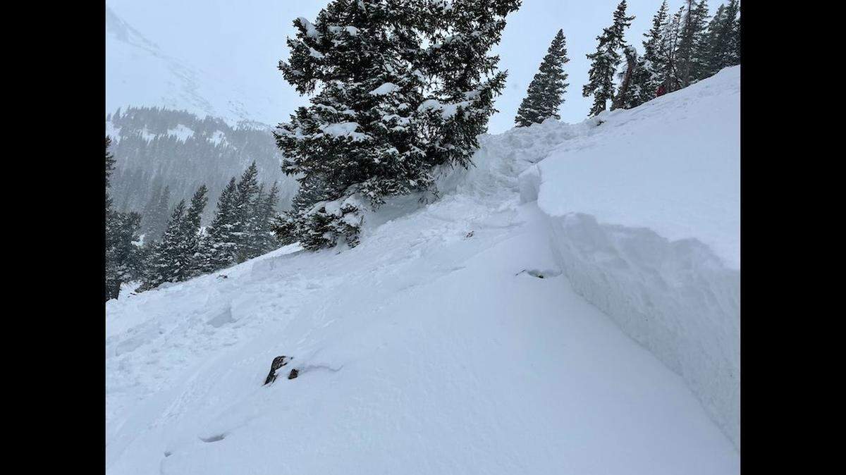 An image looking across the crown face of an avalanche that buried two skiers, killing one, near Breckenridge, Colorado, on New Yea’rs Eve.
