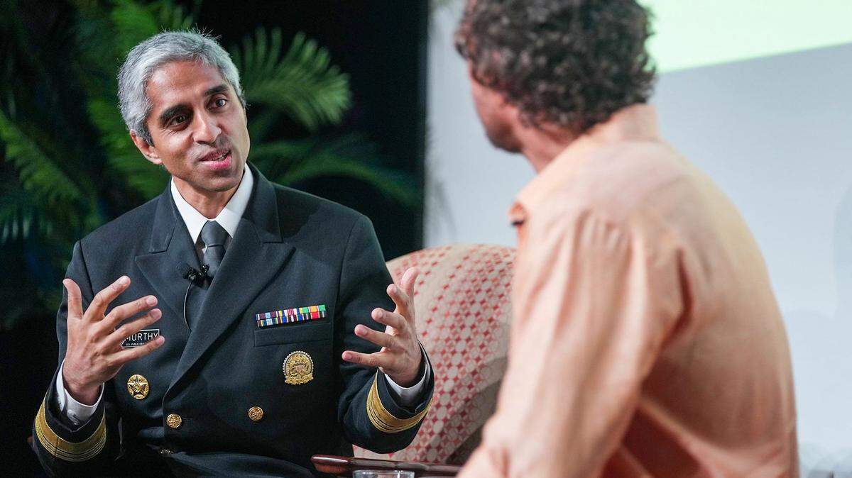 Dr. Vivek Murthy, the United States Surgeon General, discusses the importance of social connection to our mental and physical well-being with actor Matthew McConaughey, a University of Texas professor. Murthy has called for warning labels on social media.