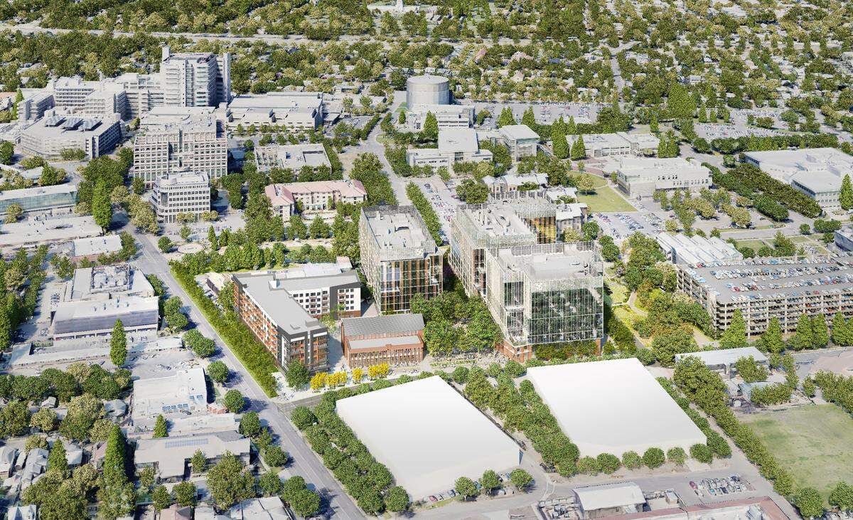 A rendering shows the planned Aggie Square project on the UC Davis Medical Center campus in Sacramento.