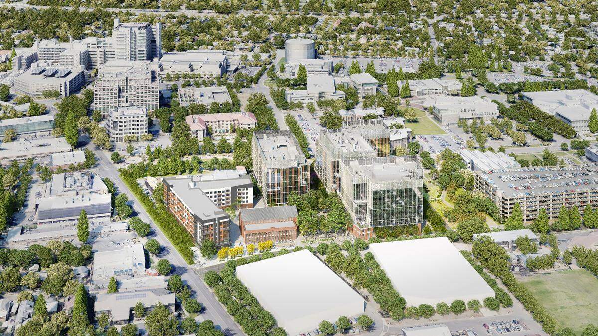 A rendering shows the planned Aggie Square project on the UC Davis Medical Center campus in Sacramento.