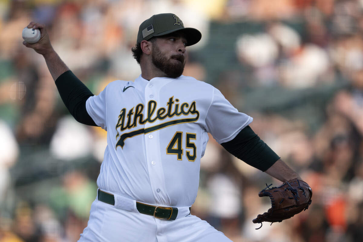 Athletics pitcher Aaron Civale pitches against the San Francisco Giants in the first inning at Sutter Health Park on May 15. He is set to start for the A’s against the Giants on Tuesday.