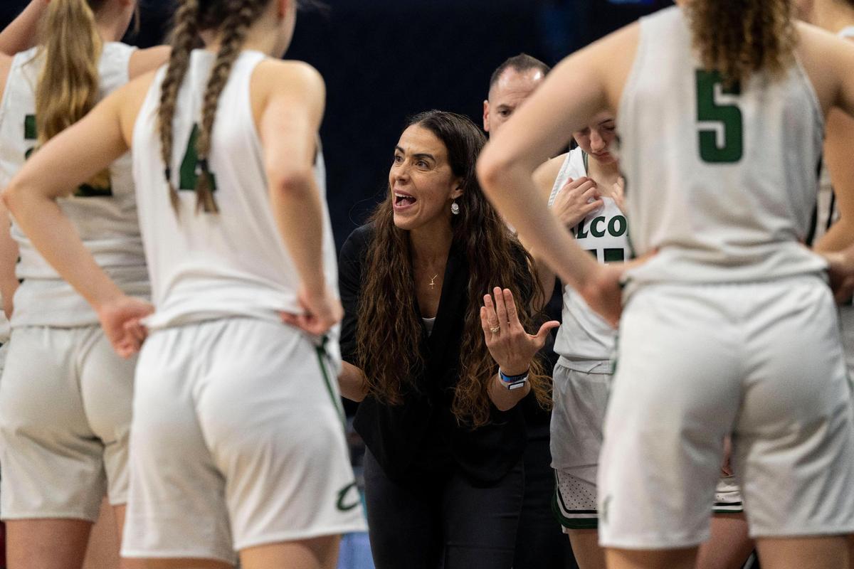 Colfax High School coach Rexanne Simpton instructs the team during a timeout as the Falcons play the Harvard-Westlake Wolverines in the CIF Division II state championship game Saturday at Golden 1 Center.