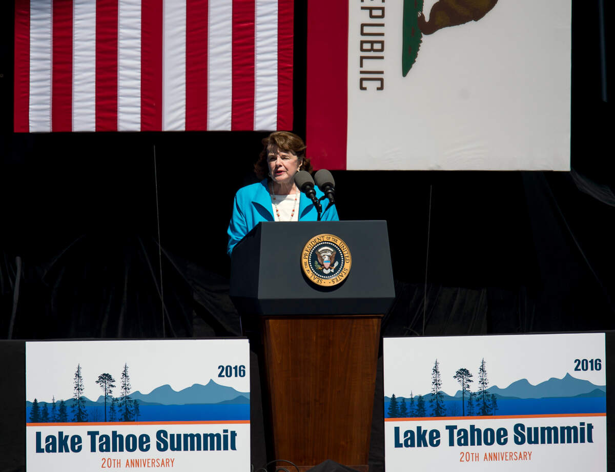 Sen. Dianne Feinstein speaks during the 20th anniversary Lake Tahoe Summit in 2016. President Barack Obama and Sens. Barbara Boxer and Harry Reid also took part in the summit.
