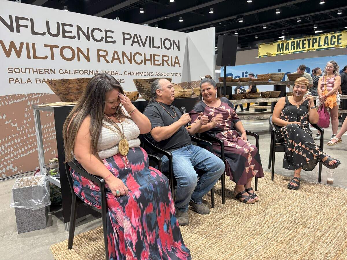 Tribal leaders, members and elders participate in the Fireside Chat & Acorn Soup Tasting during the Terra Madre Americas event. Raquel Williams, furthest left, Vince Lapena, middle left, Daveen Williams, middle right, and Virginia Hedrick, furthest right, discuss tribal traditions.