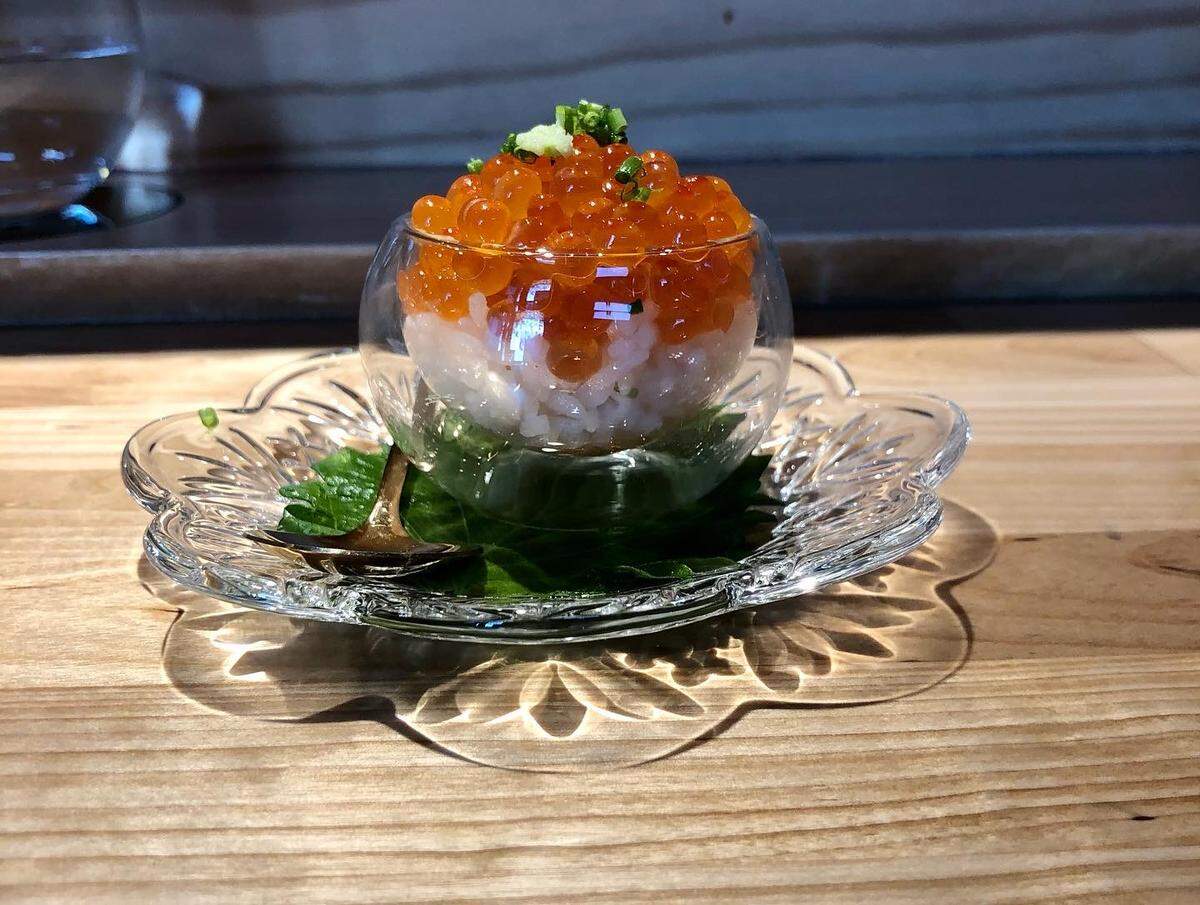 Hikari Sushi & Omakase’s fishbowl ($10) piles ikura, or salmon eggs, on top on sushi rice.