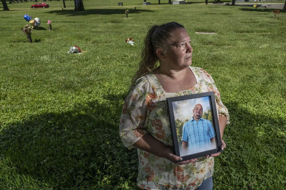 Tiffany Nolan-Rodriguez, the wife of Carlos Rodriguez-Mora, one of the victims of the Esparto fireworks explosion, visits the gravesite where she put her husband’s ashes at Lakewood Memorial Park in Hughson on Monday, June 15, 2026.