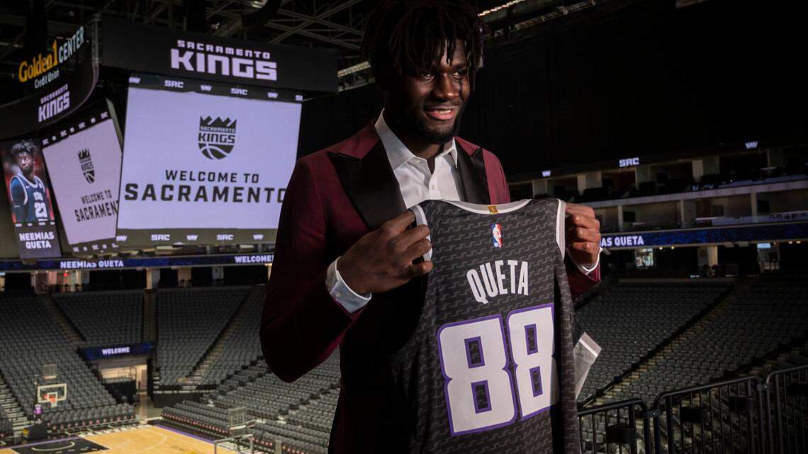 Sacramento Kings introduce NBA draft pick Neemias Queta (Utah State) at a news conference Saturday, July 31, 2021, at Golden 1 Center.