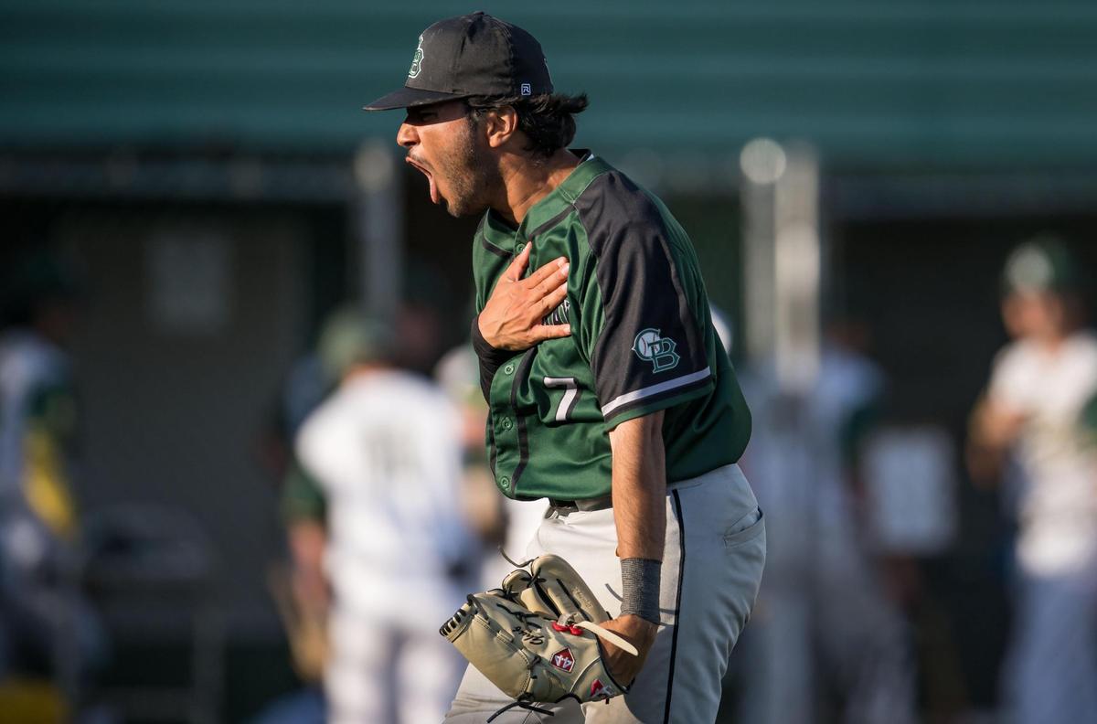 Granite Bay Grizzlies pitcher Jack Ghufran celebrates a strikeout to end the second inning at-bat for the Rio Americano Raiders during the CIF Sac-Joaquin Section Division II high school baseball championship game Thursday, May 25, 2023, at Sacramento City College. The Grizzlies beat the Raiders for the title for the second year in a row.