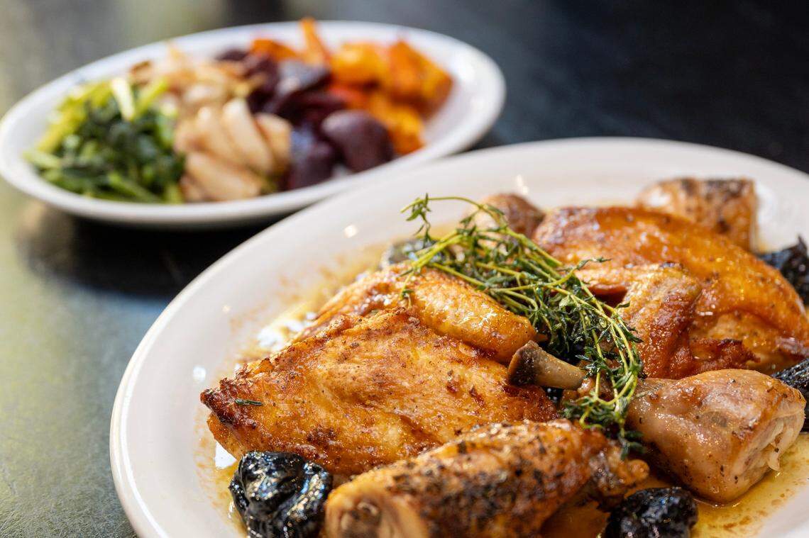 Mary’s chicken at Magpie is cooked two ways, pan seared and confit, and Includes a vegetable plate.