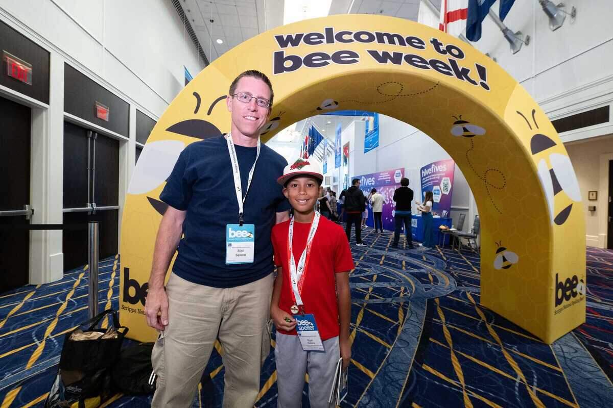 Ryan Sekera, a fifth-grader at Ridgeview Elementary School in Granite Bay, and his father, Matt, are seen Tuesday, May 27, 2025, at the 2025 Scripps National Spelling Bee in Oxon Hill, Md. Ryan and fellow Sacramento-area competitor Shruthi Srinivasan moved on to Wednesday’s quarterfinals.