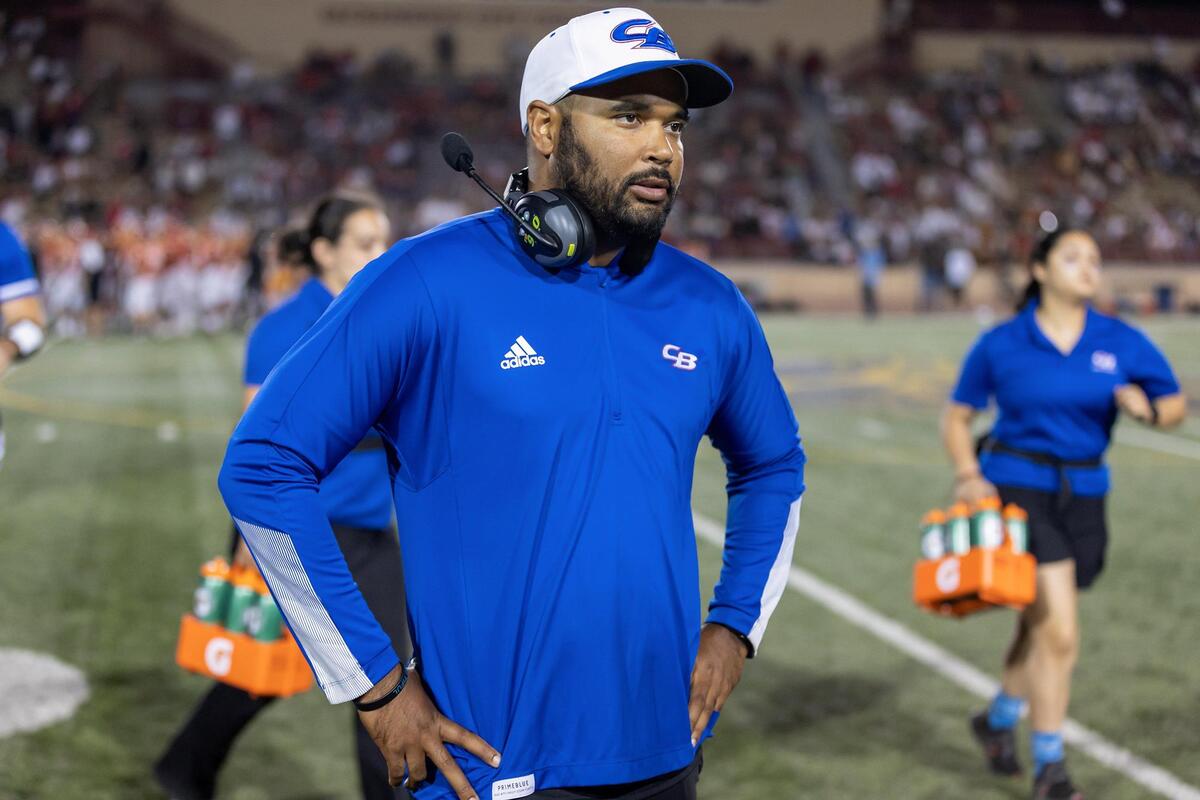 Christian Brothers coach Larry Morla looks to the sideline after calling his final timeout in the Holy Bowl on Saturday, Sept. 10, 2022, at Sacramento City College in Sacramento. The Marauders won 21-7.