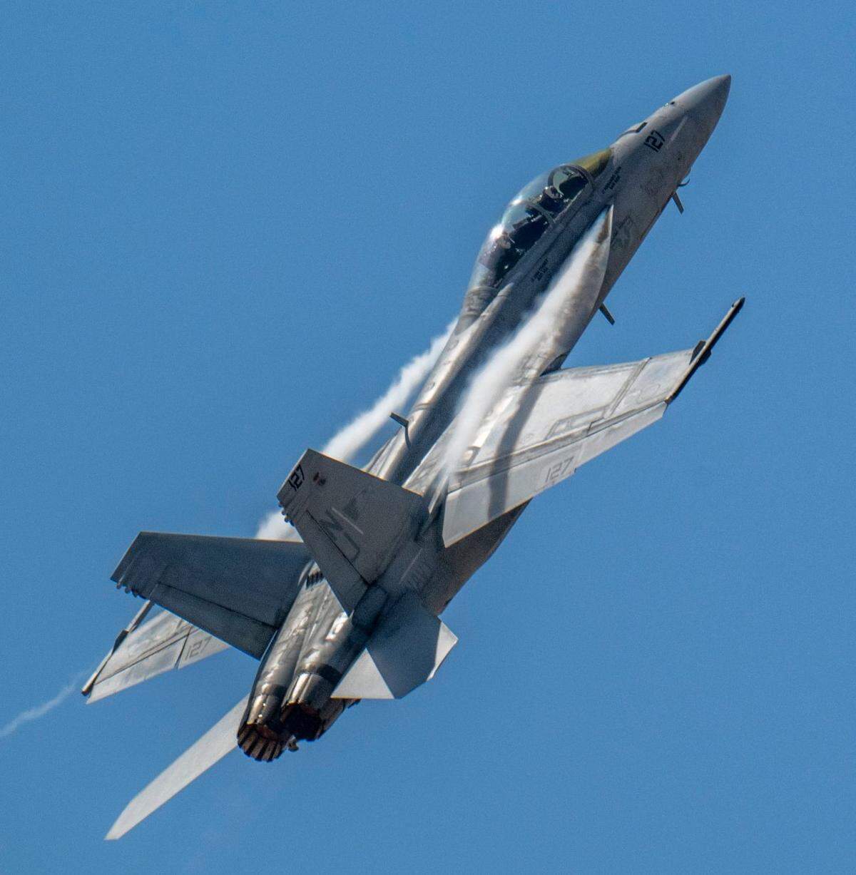 The U.S. Navy F-18 Rhino Demo Team performs during the Air & Space Expo at Beale Air Force Base on Saturday, June 7, 2025.