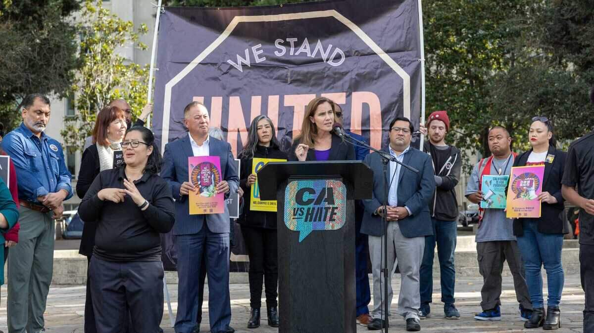 Becky Monroe, deputy director of strategic initiatives and external affairs at the California Civil Rights Department, speaks at the launch of the sixth annual United Against Hate Week on Nov. 13, 2023.